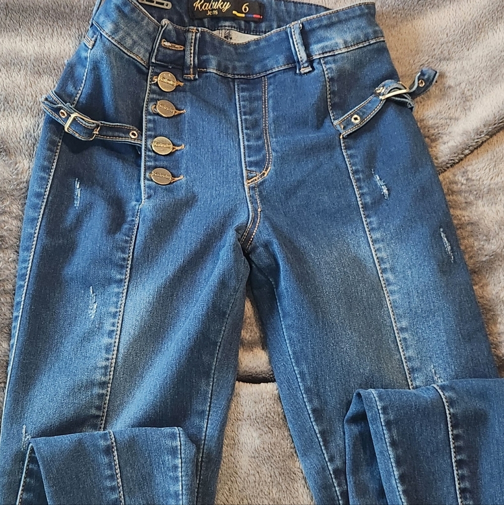 Women's Blue Jeans with Button Detail